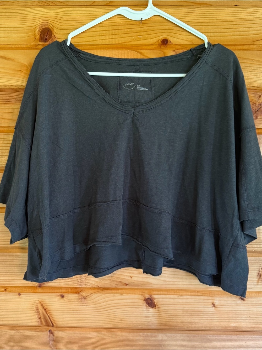 aerie Charcoal Boxy Cropped V-Neck Top